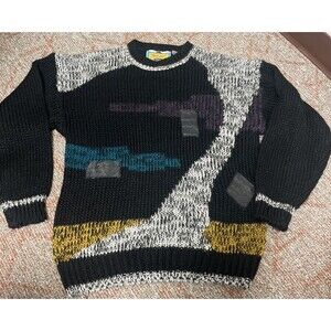 CODE ZERO Men’s Acrylic Geometric 1980’s Sweater Leather Patches Size Large